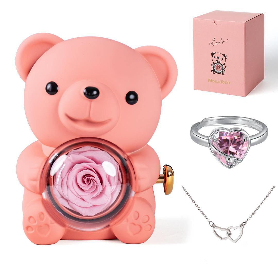 Heart Ring & Necklace Set – With Real Rose Bear Giftbox