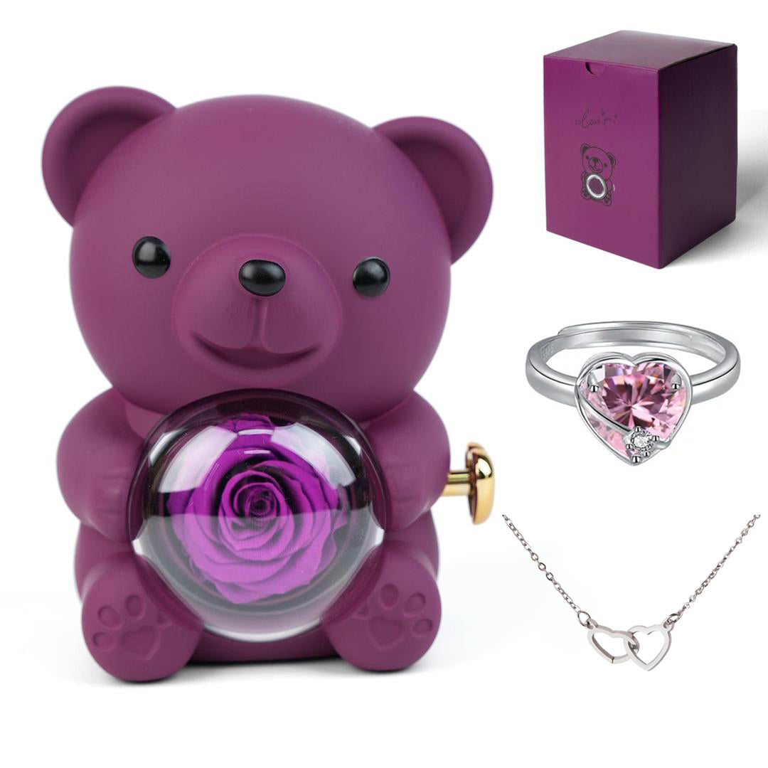 Heart Ring & Necklace Set β With Real Rose Bear Giftbox