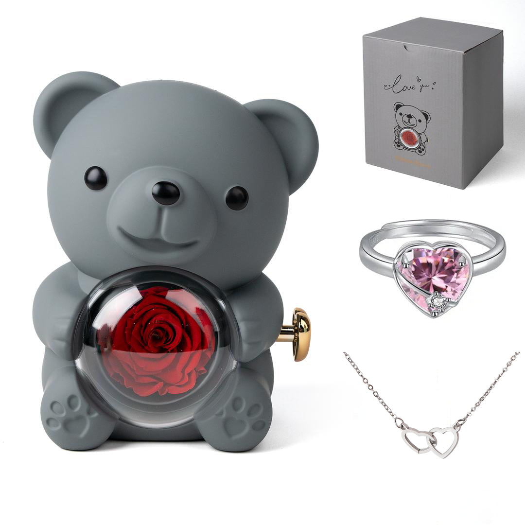 Heart Ring & Necklace Set – With Real Rose Bear Giftbox