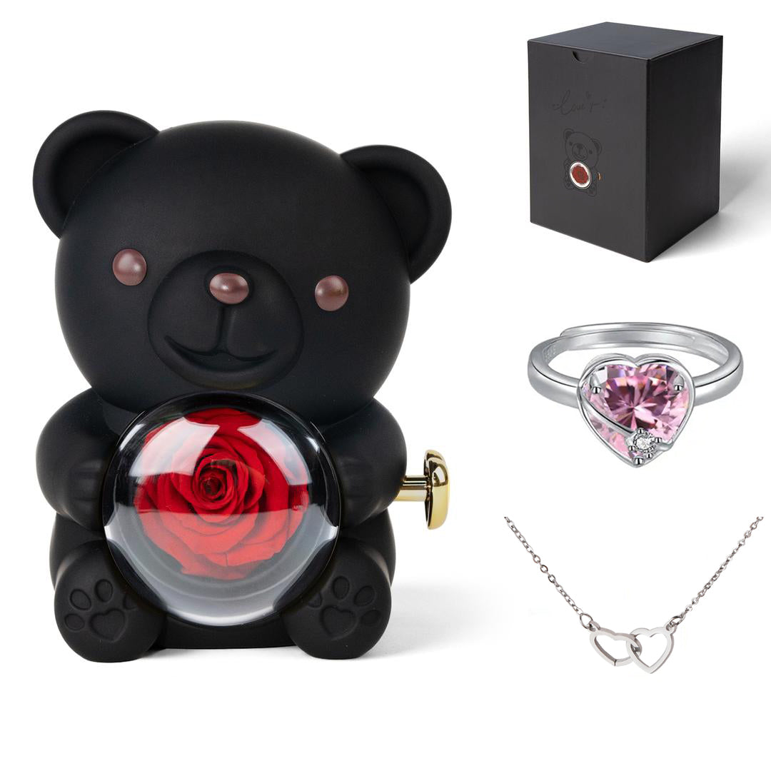 Heart Ring & Necklace Set – With Real Rose Bear Giftbox