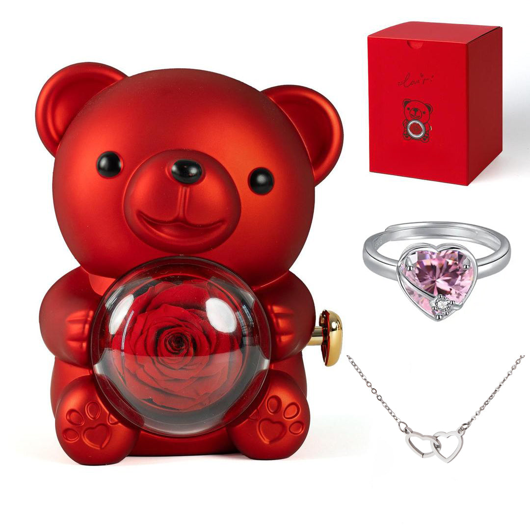 Heart Ring & Necklace Set – With Real Rose Bear Giftbox